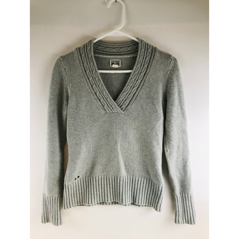Converse Sweater, Women's Size Medium, Gray, V-neck, Knit, Pullover
